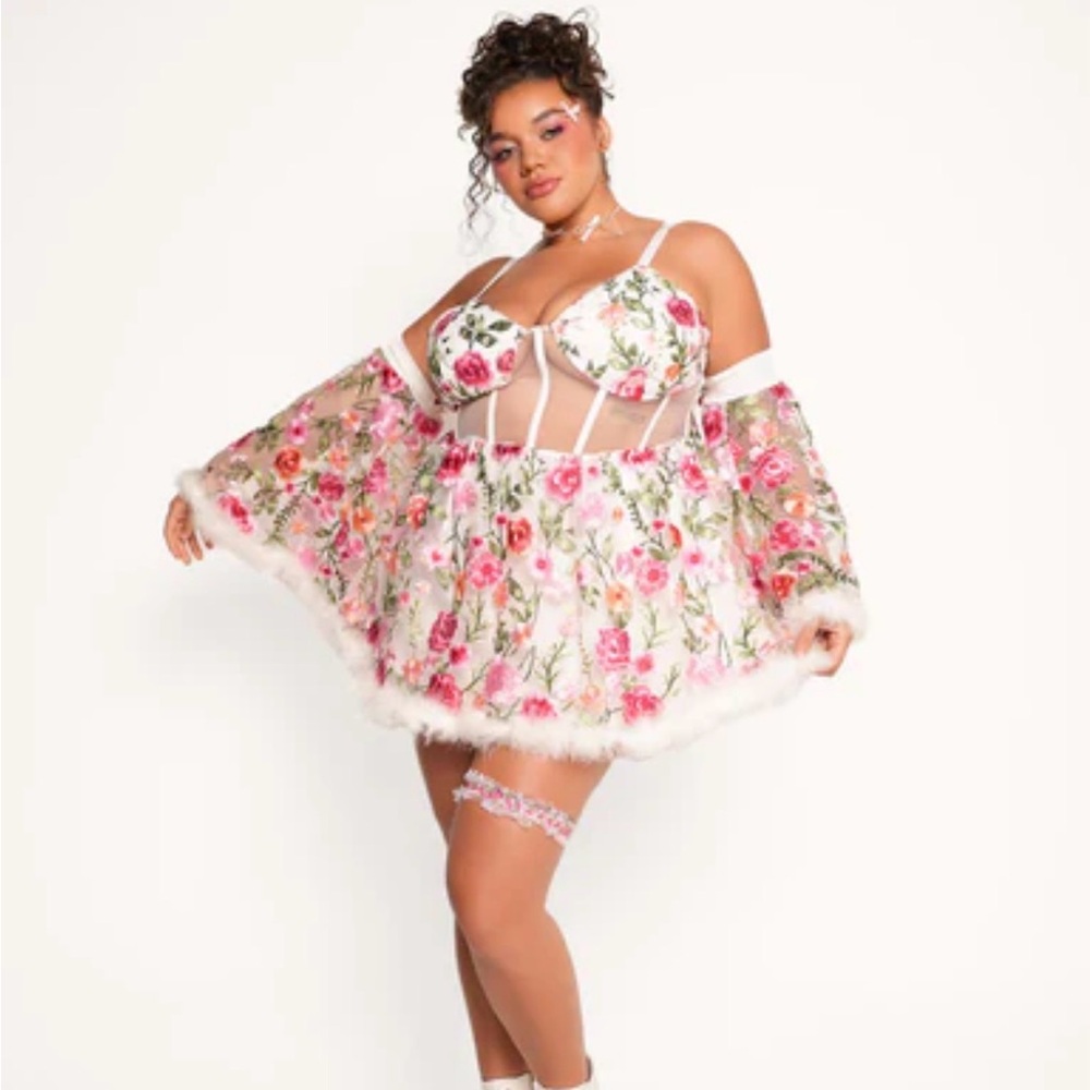 iHeartRaves White Floral Sheer Skater Dress with Pink Roses